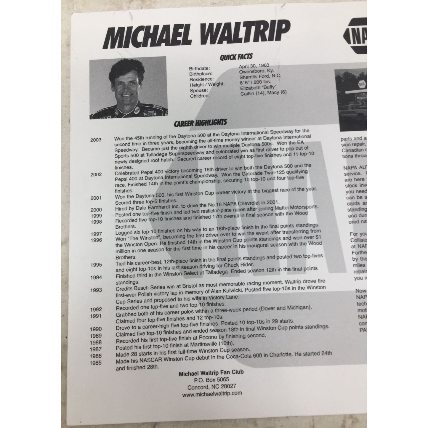 Michael Waltrip NAPA Racing Promotional Picture Card NASCAR 8"X10"