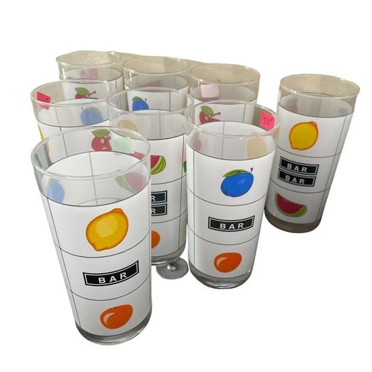 Vintage Set of 8 glasses with Different Fruits on them - each 6'' tall - A+ Stuff