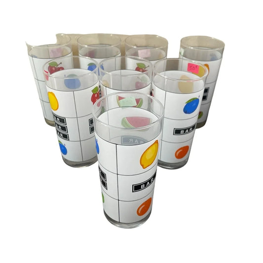 Vintage Set of 8 glasses with Different Fruits on them - each 6'' tall - A+ Stuff