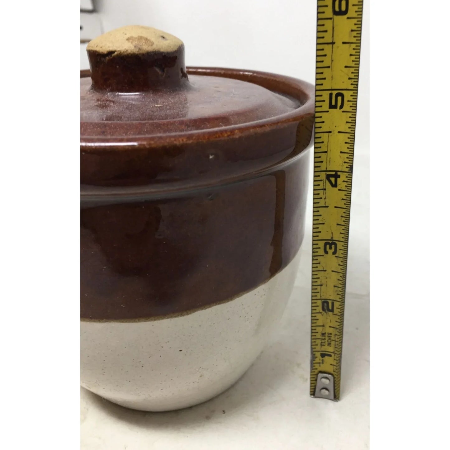 Vintage Brown/White Stoneware Pot With Lid- About 5-6" Inches Tall - A+ Stuff