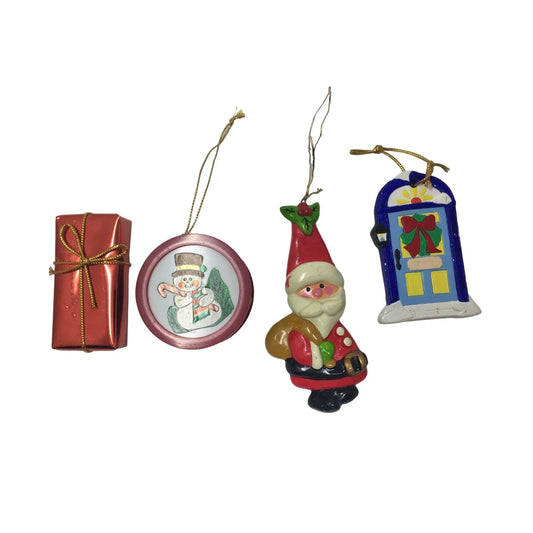 Vintage Set of 4 Christmas Tree Ornaments- Present, Snowman, Santa and X-Mas Door - A+ Stuff