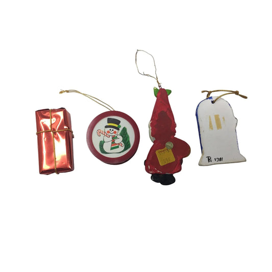 Vintage Set of 4 Christmas Tree Ornaments- Present, Snowman, Santa and X-Mas Door - A+ Stuff