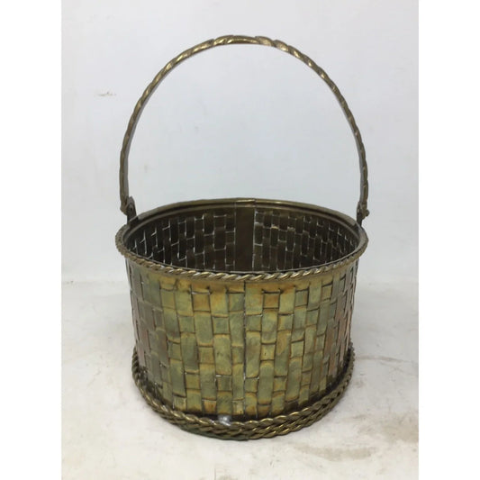 Vintage Oval Shaped Brass Woven Handled Basket/Planter A+ Stuff A+ Stuff
