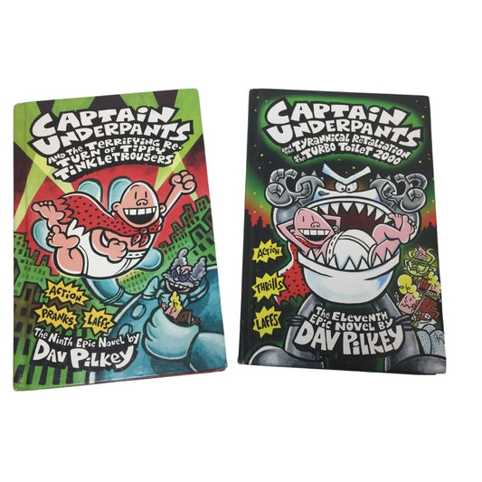 Pair of Captain Underpants Hardcover books by Dav Pilkey - A+ Stuff