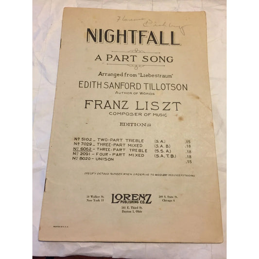 Nightfall A Part Song Arranged from Liebestraum Edith Sanford Tillotson/Franz Liszt - A+ Stuff