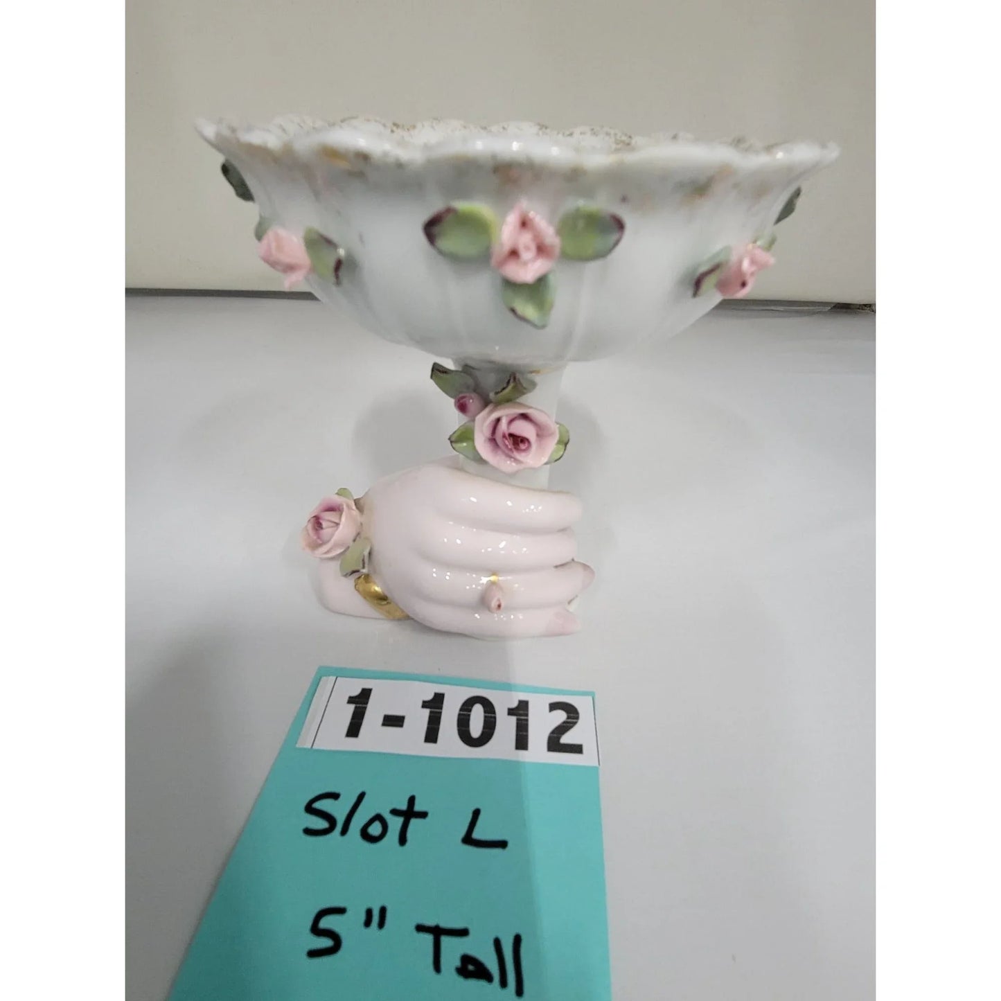 Porcelain Hand Holding Large Pedestal Bowl / Dish Nail Polish Rose Bracelet Rosettes - Gold Accents Mid-century Lefton China Lefton China A+ Stuff