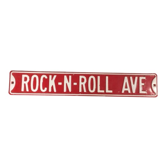 Rock N Roll Ave Red/White Metal Street Sign - 3ft by 6 inches - A+ Stuff