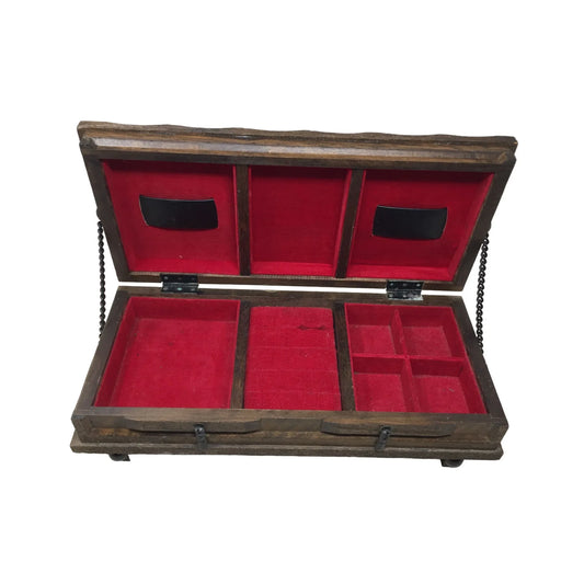 Vintage Mid Century Wooden Jewelry Box w/ Red Velvet Interior - A+ Stuff