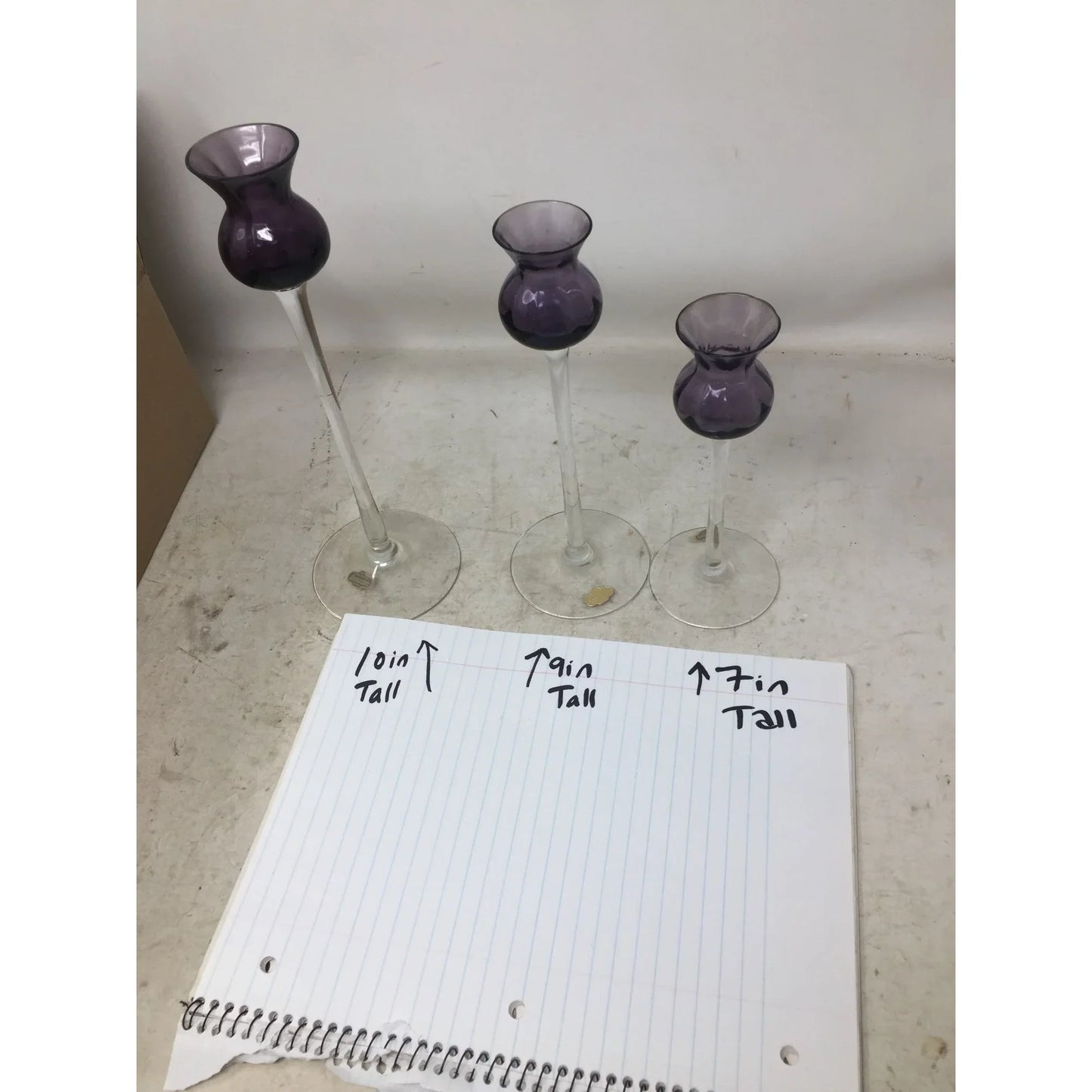 Vintage Set of 3 Tall Hand Blown Crystal Glass Purple/Clear Vases/candle holders Hovmantorp Sweden - A+ Stuff