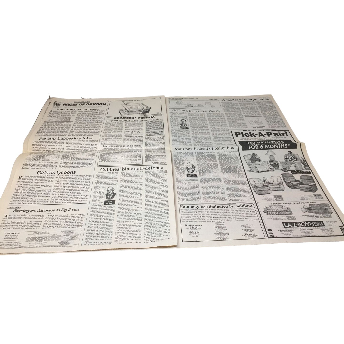 Vintage Collectible Newspaper "The Blade" November 7, 1995