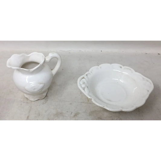 Vintage White Ceramic Embossed Handled Pitcher/Creamer Jug and Bowl Set A+ Stuff A+ Stuff
