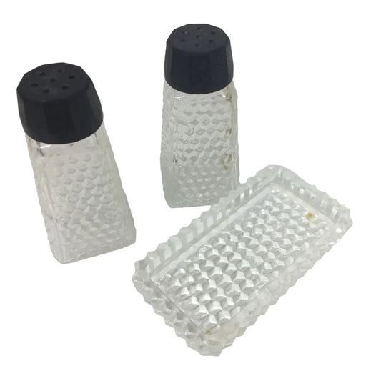Vintage Small Pressed Glass Salt and Pepper Shaker Set with Tray - A+ Stuff