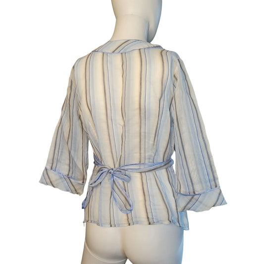 Women's Blue/White Striped Dressy Shirt with long sleeves and Ties in the back A+ Stuff A+ Stuff