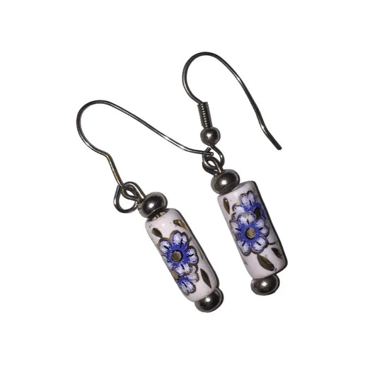 Womens Beautiful Dangly Blue, White & Silver Flower Printed Earrings - A+ Stuff