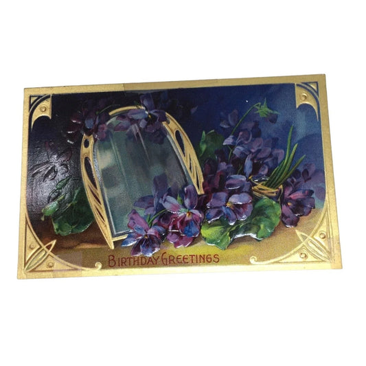 Vintage Birthday Greetings Post Card with Gold Trim & Purple Flowers On It A+ Stuff A+ Stuff