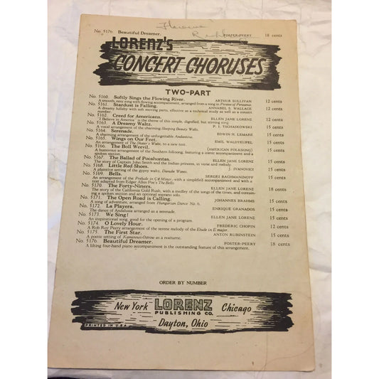 Beautiful Dreamer Lorenz's Concert Choruses 2- Part Vintage Sheet Music - A+ Stuff