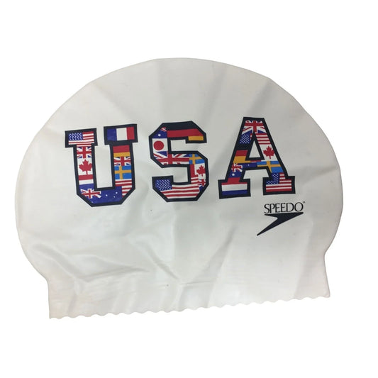 USA White Speedo Swim Cap with Different Flags printed on it A+ Stuff A+ Stuff