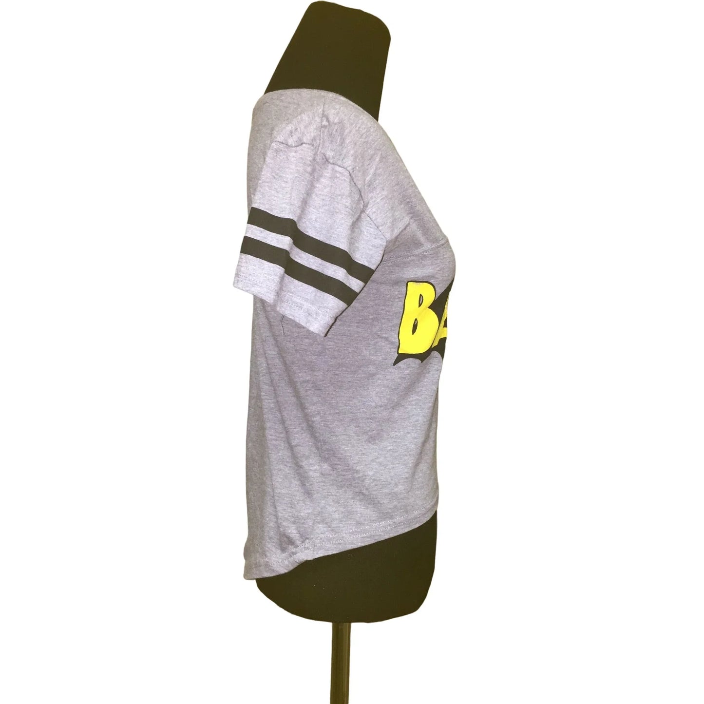 Batman T Shirt - Gray with sleeve stripes - Womens size XS - A+ Stuff