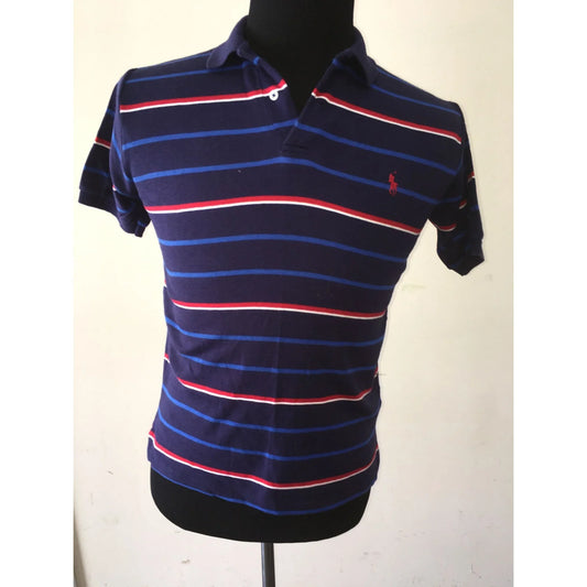 Men's Collared Polo Ralph Lauren Blue, Red, White Striped Shirt Size Medium - A+ Stuff