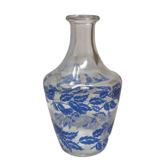 Vintage Clear Glass Carafe with Blue and White Leaf Pattern "FRANCE" on Bottom A+ Stuff A+ Stuff