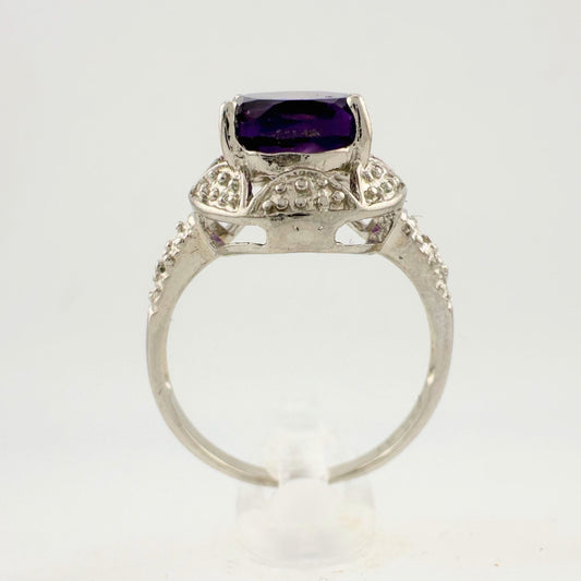 Beautiful Dark Purple Amethyst and Diamond Accent Ring - Sterling Silver Size 7.25