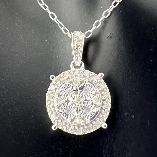 1/5 Carat Diamond Brilliance Diamond Cluster Pendant - Sterling Silver Setting w Chain - A+ Stuff