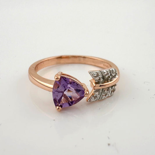 Beautiful Trillion Cut Purple Amethyst Arrow Ring 14kt Rose Gold Overlay Sterling Silver - Size 7