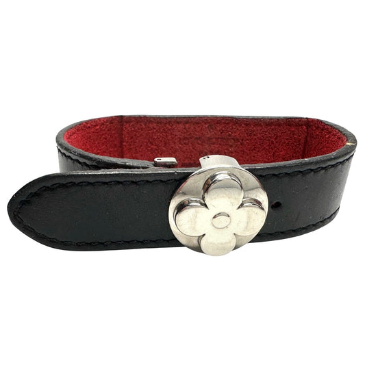 Louis Vuitton (LV) Black Leather Monogram Wish Bracelet with Red Leather on Inverse