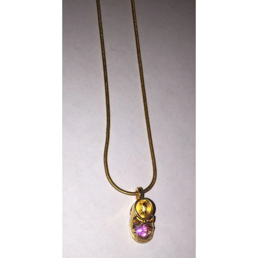 Womens Gold Tone Necklace with Chain and Baby Shoe w/ Pink Rhinestone (Month of Oct.) - A+ Stuff