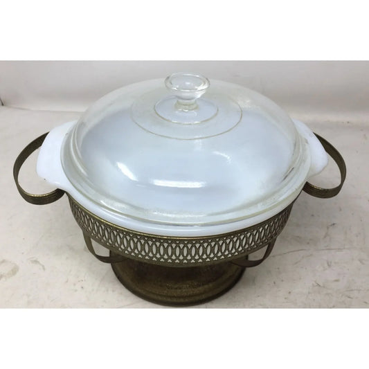 Vintage Chafing Warming Stand and Lid with Pyrex Milk Glass Casserole Dish - A+ Stuff