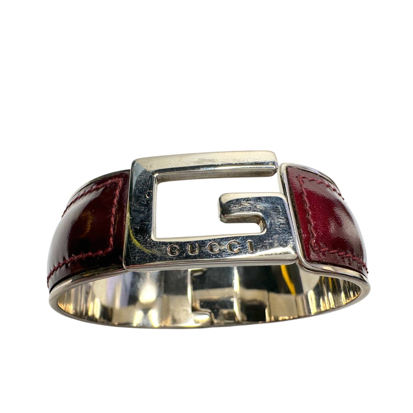 Gucci G-Logo Hinged Cuff Bracelet - Burgundy Patent Leather Band