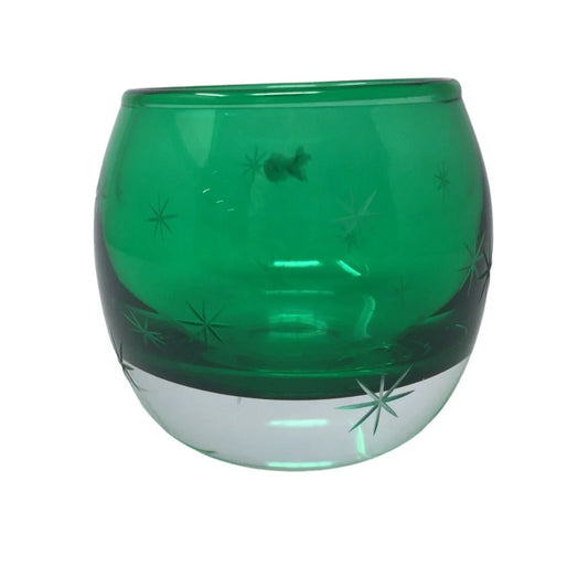 Small Vintage Emerald Green Glass Candle Holder with Star Pattern - A+ Stuff