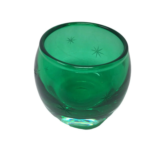 Small Vintage Emerald Green Glass Candle Holder with Star Pattern - A+ Stuff
