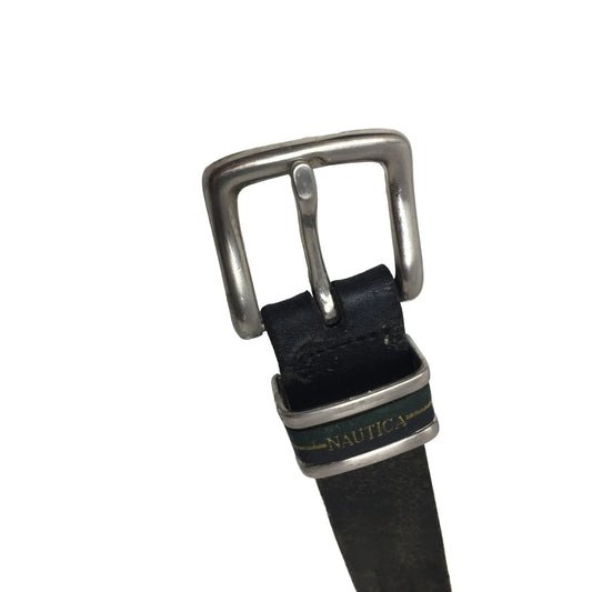 Mens NAUTICA Black Leather Belt with Silver Metal Belt Buckle - A+ Stuff