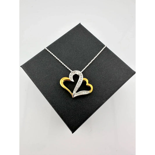 Two Hearts as One 1/4 Carat Natural Diamond Necklace - Sterling with 14kt Gold Overlay - A+ Stuff