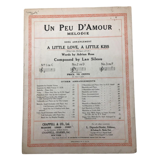 Collectible Piece of Vintage Sheet Music Titled "Un Peu d'Amour" ("A Little Love, A Little Kiss") Lao Silesu A+ Stuff Sheet Music