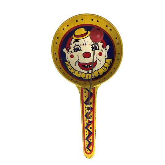 Vintage Kirchhof Clown Yellow Tin Metal Paddle Noise Maker Toy Kirchhof A+ Stuff Toys