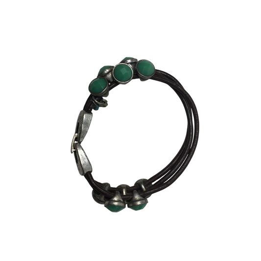 Women's Leather Rope Bracelet with Green & Silver Charms