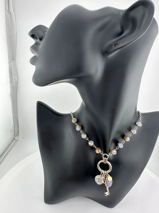 Juicy Couture Charm Necklace Heart, Key and Gemstone on Ring - Ombre Beads - NWT - A+ Stuff
