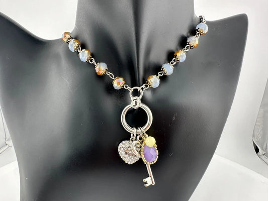 Juicy Couture Charm Necklace Heart, Key and Gemstone on Ring - Ombre Beads - NWT - A+ Stuff