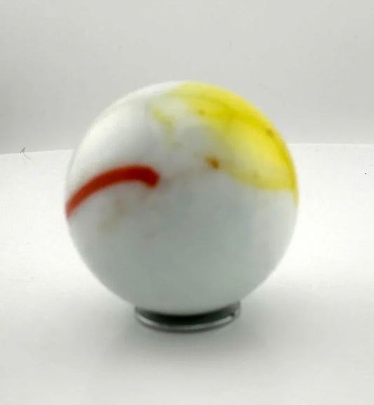 Vintage Opaque White Glass Shooter Marble with Yellow Smudge and Reddish Orange Line - A+ Stuff