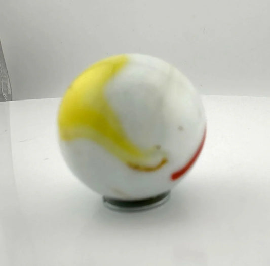Vintage Opaque White Glass Shooter Marble with Yellow Smudge and Reddish Orange Line - A+ Stuff