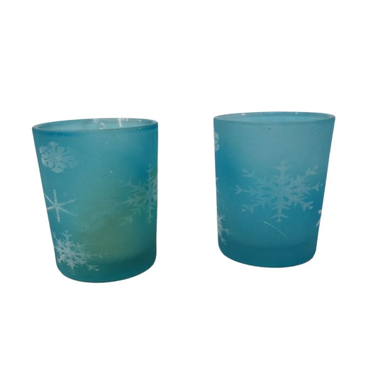 Two Small Blue Tea Light Candle Holders with Snowflake Print on them - A+ Stuff