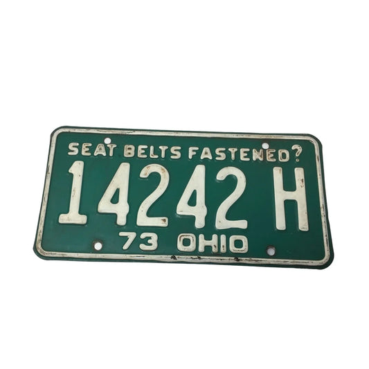 Vintage Green Metal License Plate Seat Belts Fastened? 14242H 73 OHIO - A+ Stuff