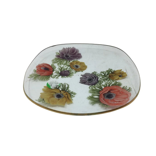 Small Vintage Clear Glass Plate with Flowers on it and Gold Colored Rim - A+ Stuff
