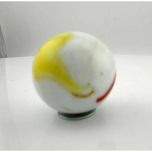 Vintage Opaque White Glass Shooter Marble with Yellow Smudge and Reddish Orange Line - A+ Stuff