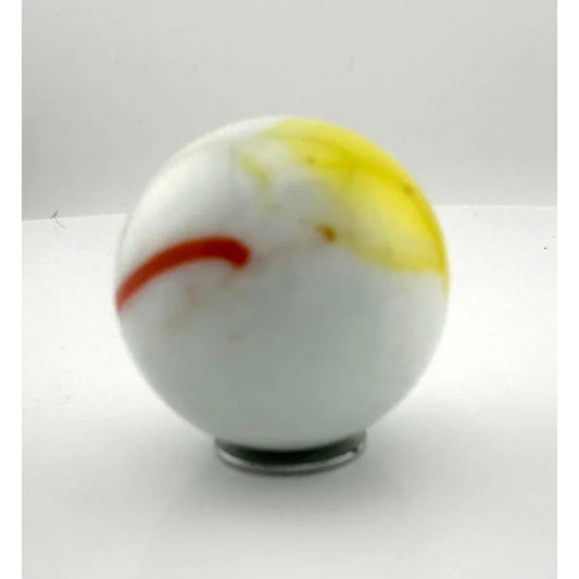Vintage Opaque White Glass Shooter Marble with Yellow Smudge and Reddish Orange Line - A+ Stuff