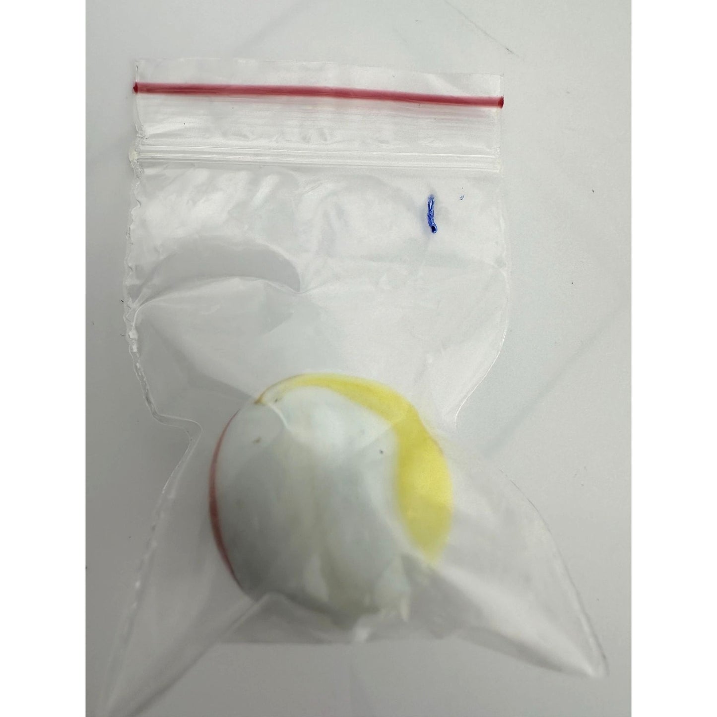 Vintage Opaque White Glass Shooter Marble with Yellow Smudge and Reddish Orange Line