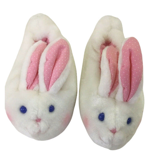 Avon Teddy Toes Plush Slippers - White Blue Eyed Bunnies- Rabbit Slippers - SMALL