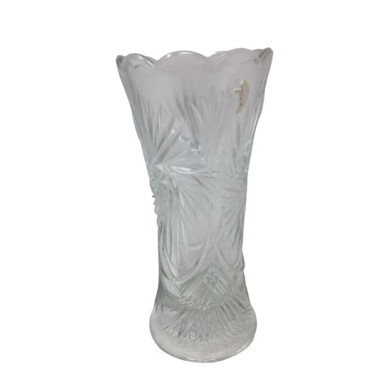 Vintage Clear Glass Bud Vase w/ Scalloped Edge Top - about 6'' tall - A+ Stuff